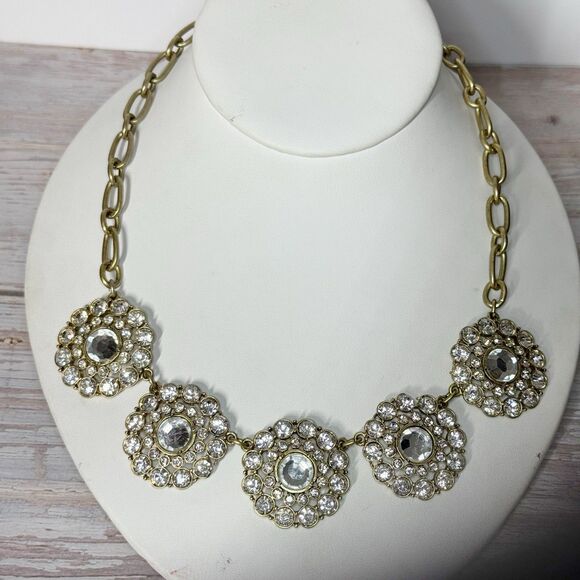J Crew Sparkling Clear Crystal Necklace Gold Tone Round Clusters Chunky Chain - Picture 1 of 10